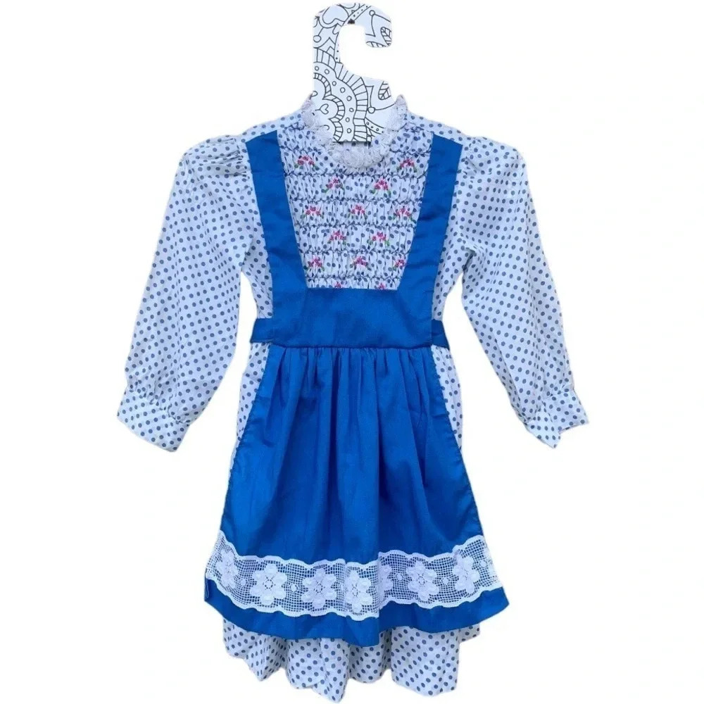 Vintage Polly Flinders Blue & White Smocked dress Size: 6 (Girl) Lace Ruffle